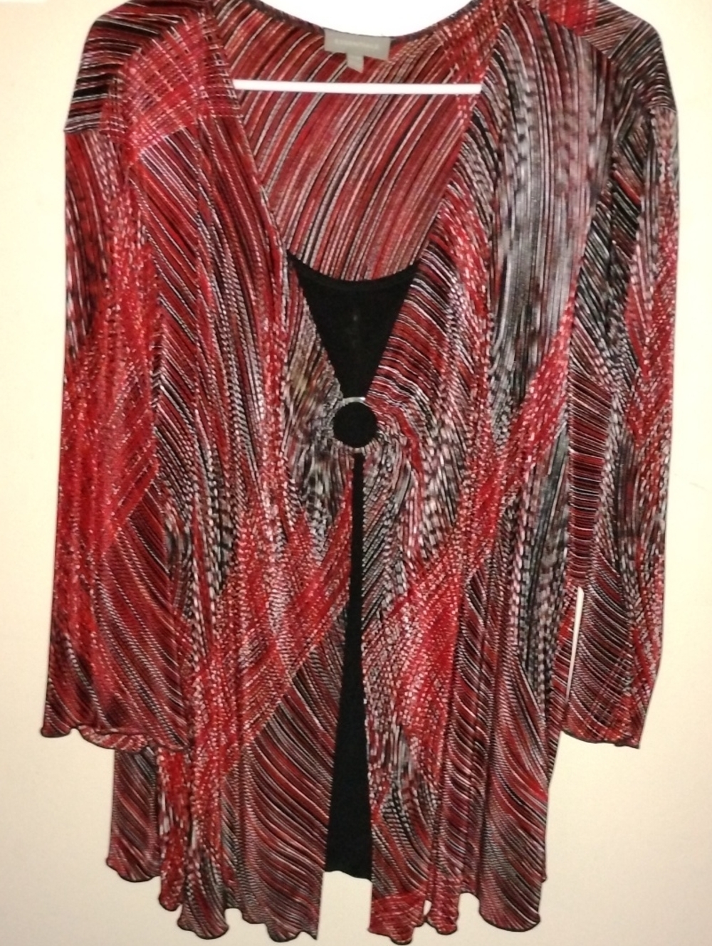 Essentials Red and Black Patterned Open Front Blouse
